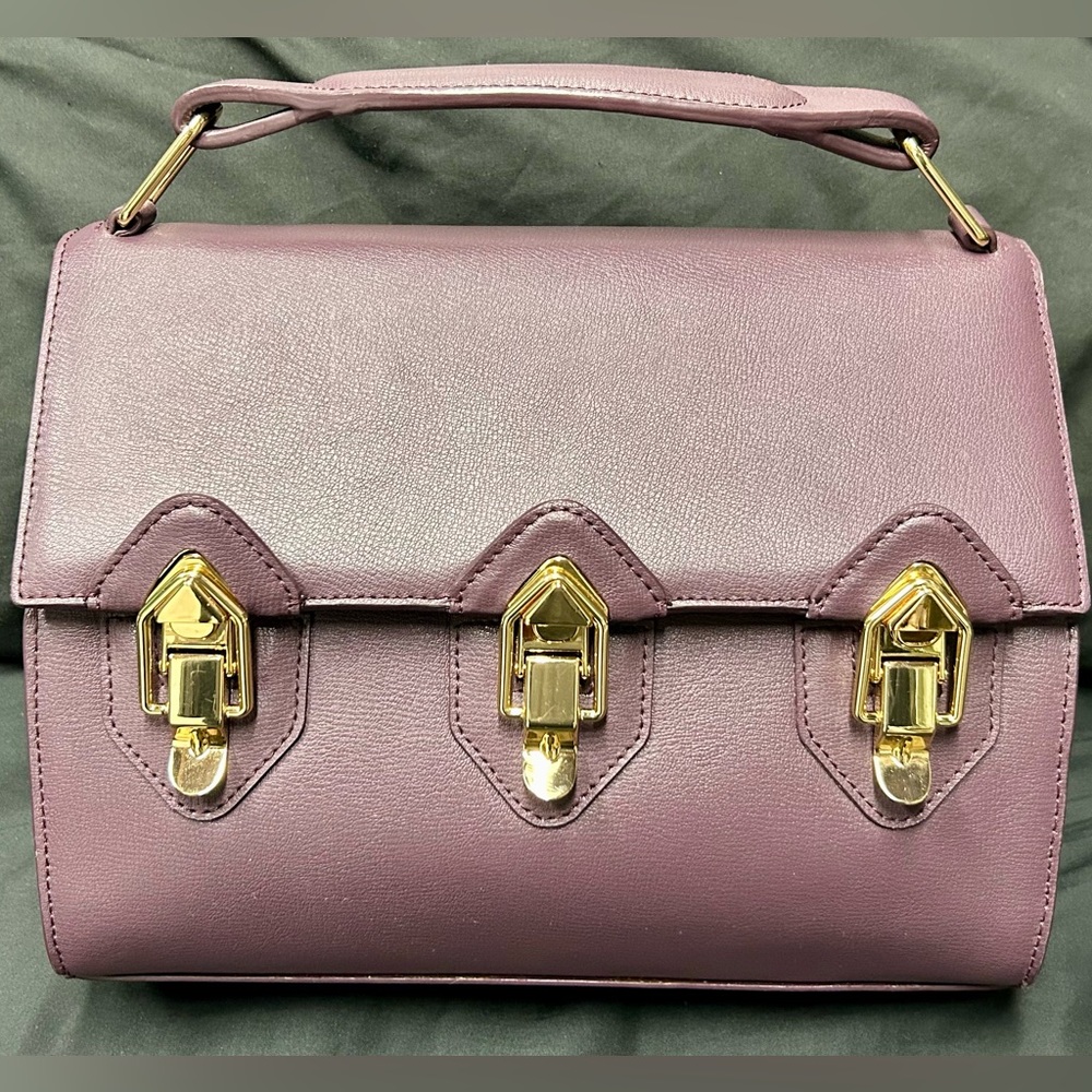 Zac Posen Large Lunchbox Satchel Crossbody Strap Gold Hardware in Chocolate Rum